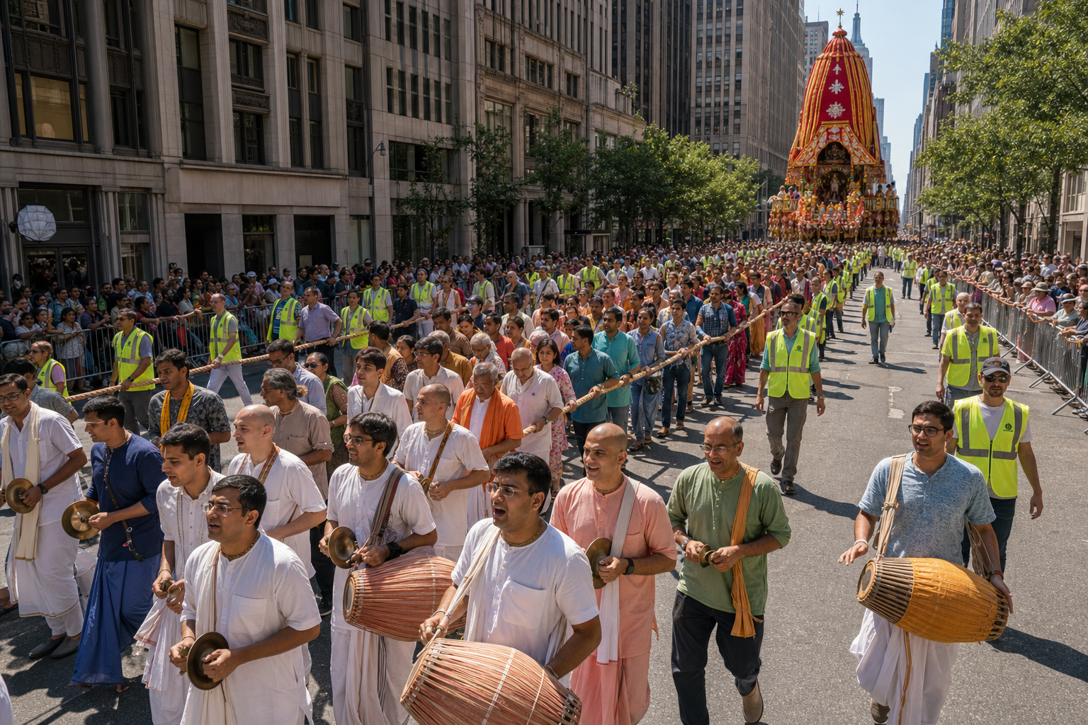 Musicians lead a Manhattan procession ahead of volunteers, rows of rope pullers, and a decorated chariot.