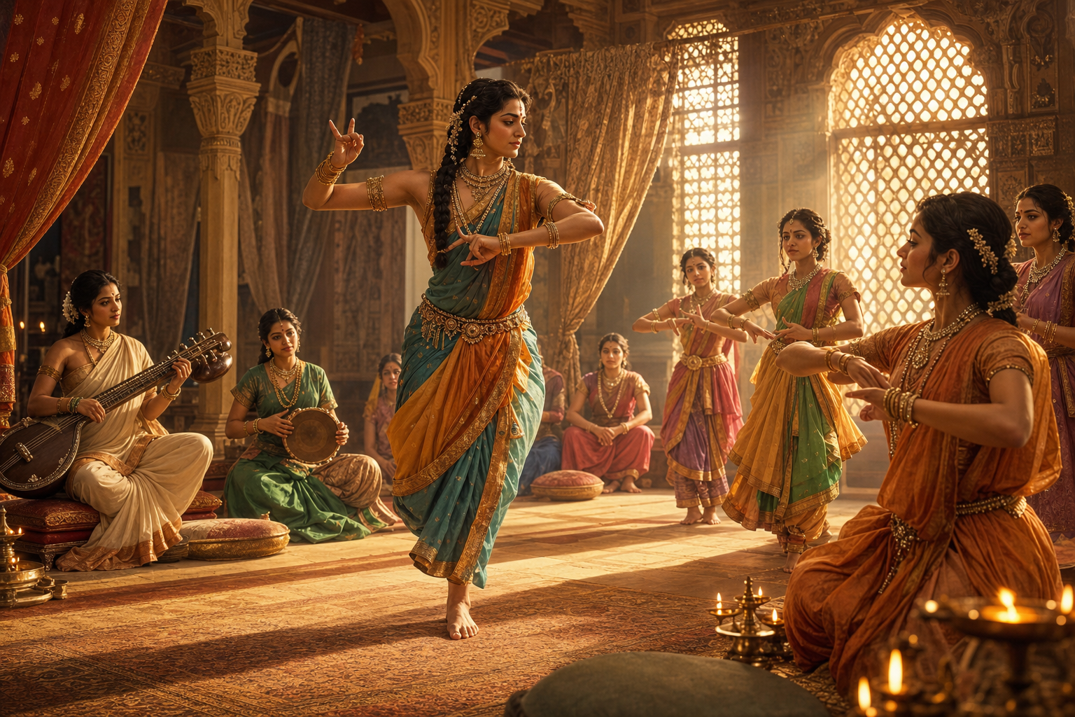 Brihannala demonstrates a dance movement while Princess Uttara and palace attendants practice with musical accompaniment in Virata's court.