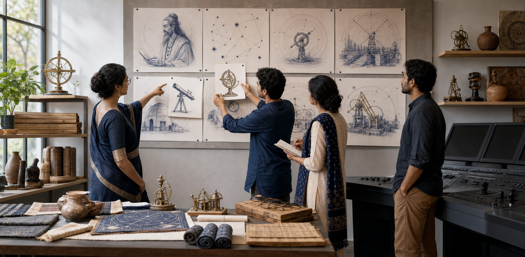 A historian, cultural adviser, art director, and fact-checker review astronomy-themed storyboards and historical reference objects in a creative studio.