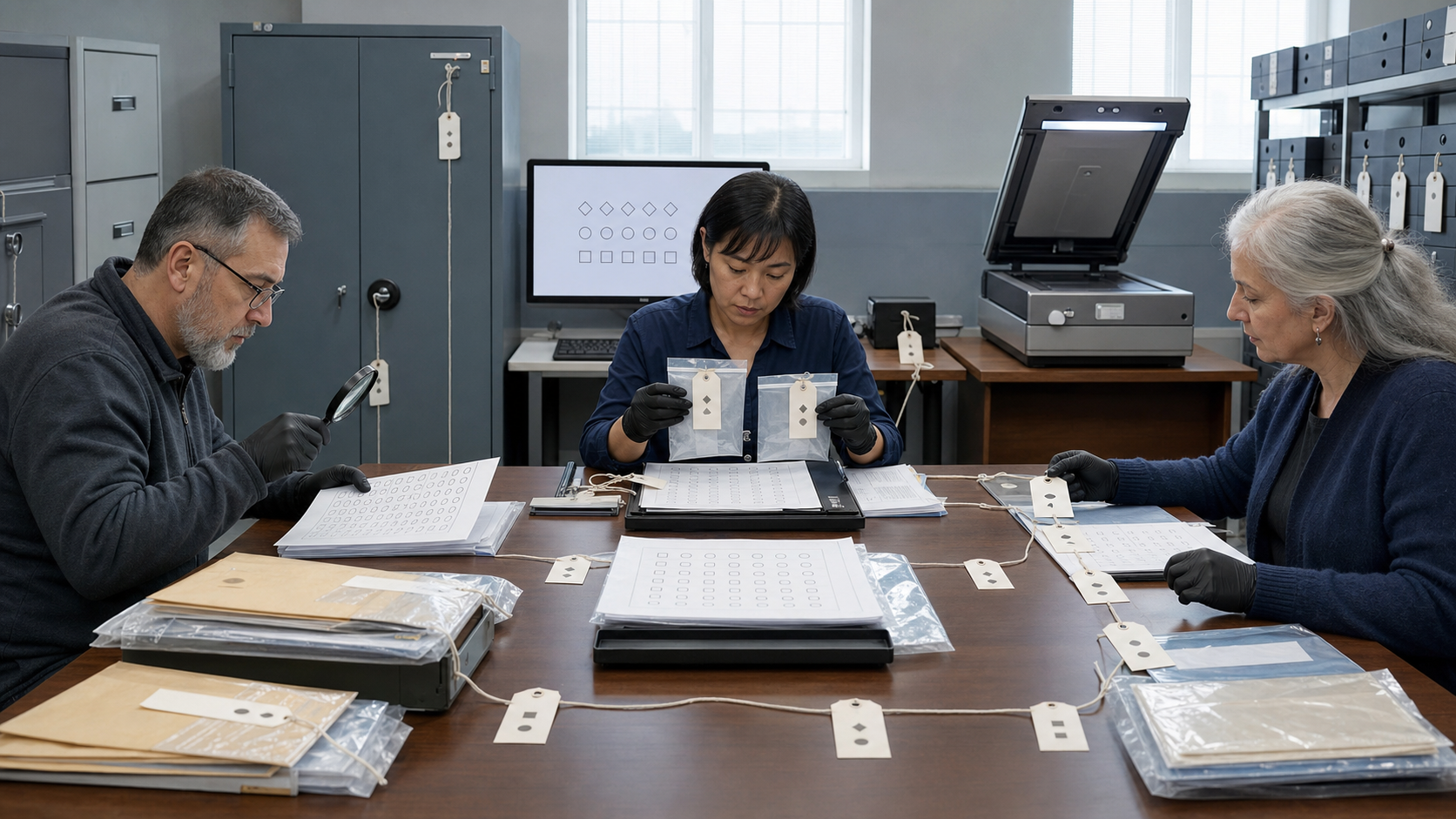 Independent reviewers inspect sealed examination materials and digital records in a secure records room.
