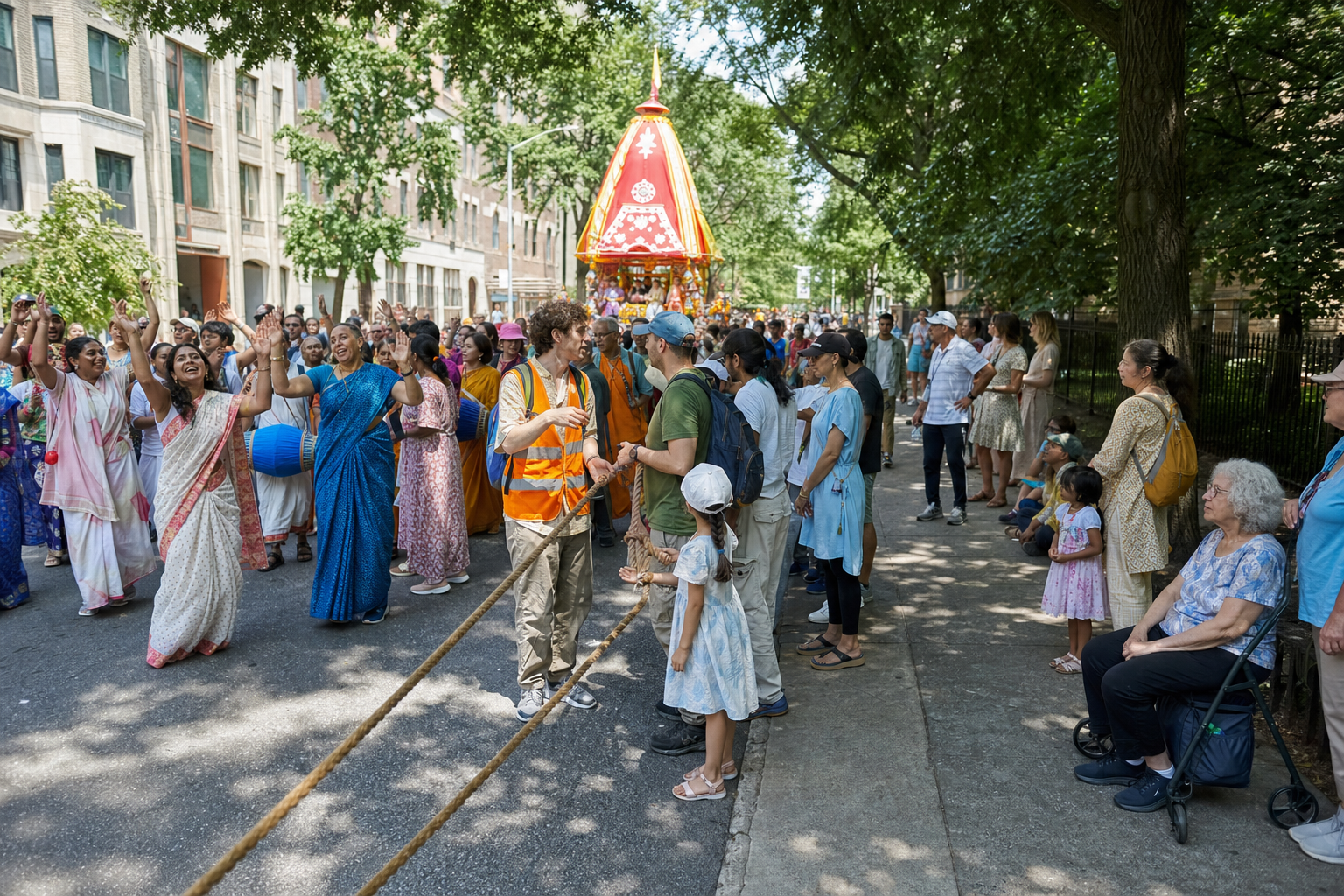 People dance in the procession, walk along its edge, wait near the rope line, or watch with children and older visitors from the sidewalk.