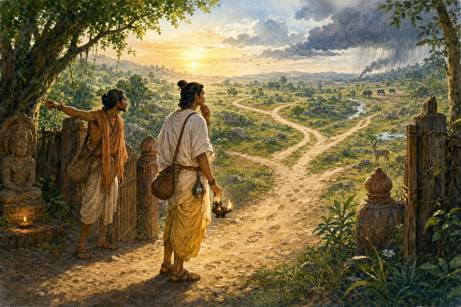 A traveler holding a lamp studies paths and signs beyond an open woodland boundary while a companion offers guidance.