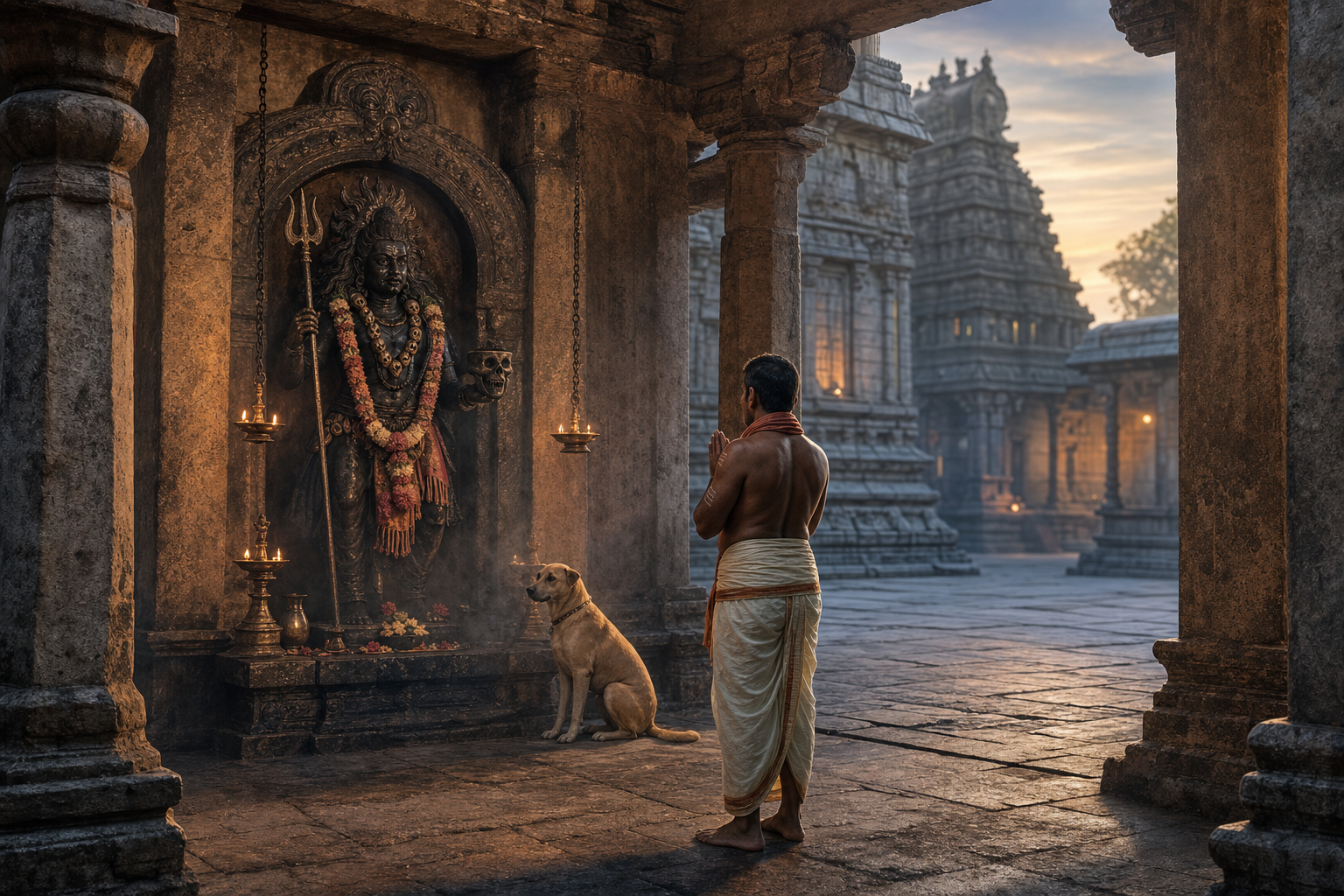 A devotee with joined hands stands before a fierce Shiva guardian shrine in the outer corridor of a Tamil stone temple, with a trident, skull-bowl, oil lamps, and a seated dog visible.