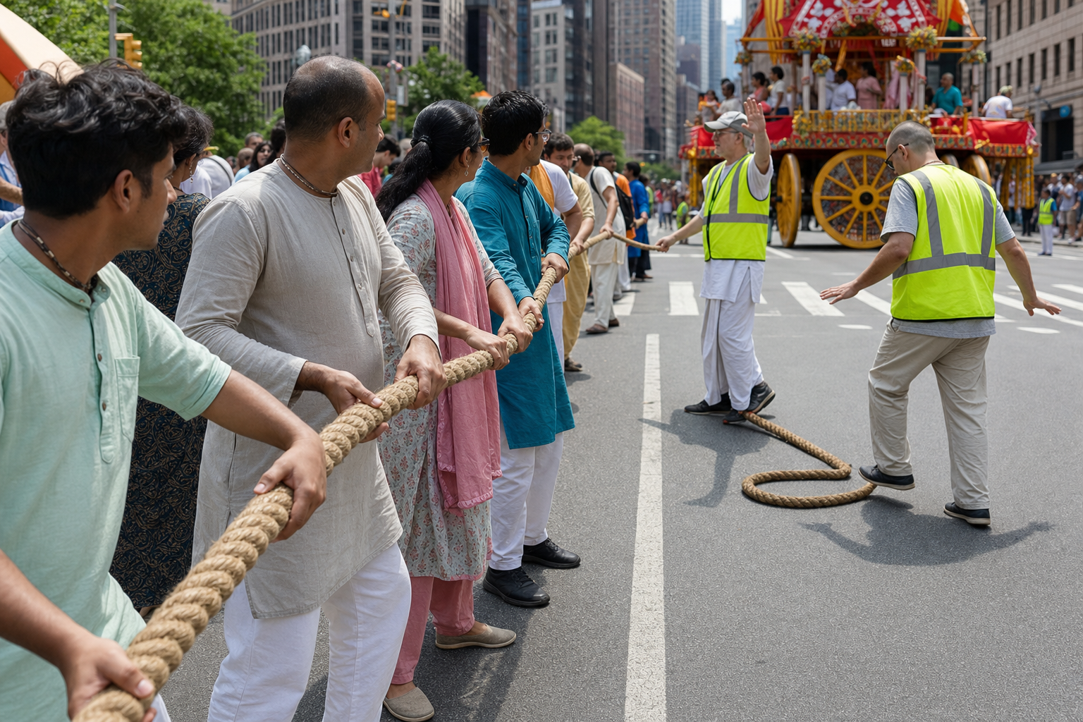 Participants hold a thick chariot rope while volunteers preserve gaps and guide the line on a Manhattan street.
