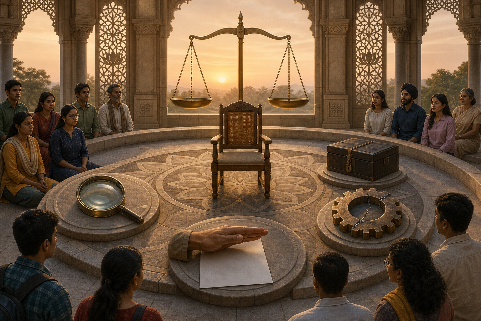An empty civic chair and balanced scale stand at the center of a chamber surrounded by symbols of truth, remedy, responsibility and prevention.