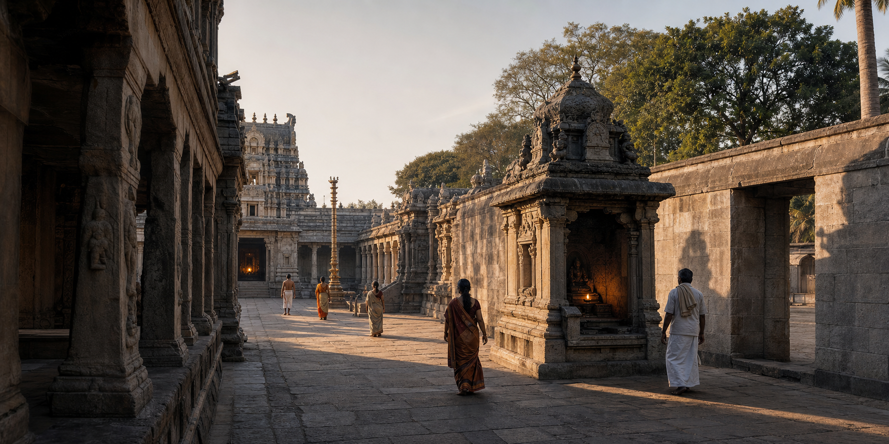 A wide view of a Tamil Shiva temple courtyard shows concentric corridors, devotees on the circumambulatory path, and a small guardian shrine positioned near an outer gateway.