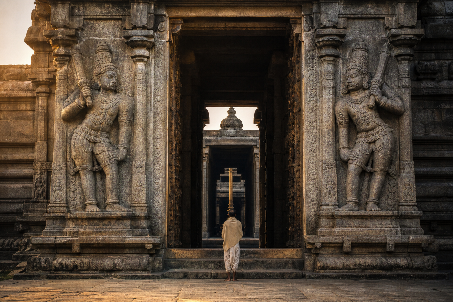 Two carved stone guardians flank the shadowed entrance of a Hindu temple while a visitor pauses on the approach at dawn.