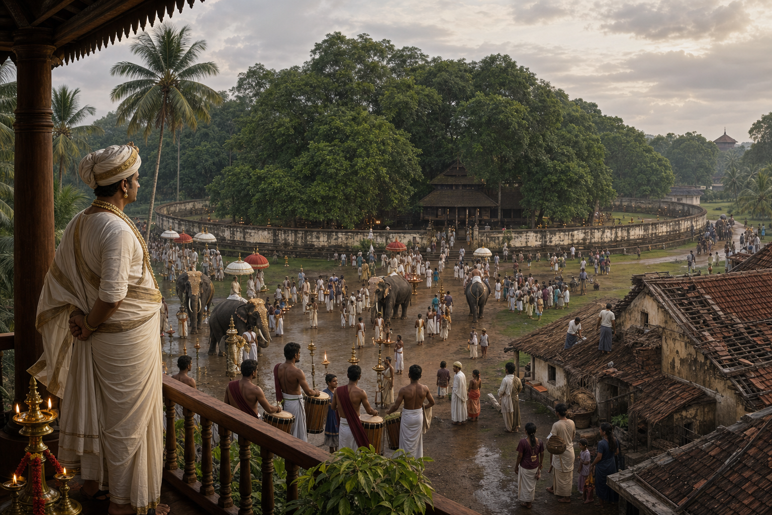 Shaktan Thampuran overlooks temple communities, elephants, musicians, and townspeople gathering around Thrissur's sacred precinct in a late-eighteenth-century setting.