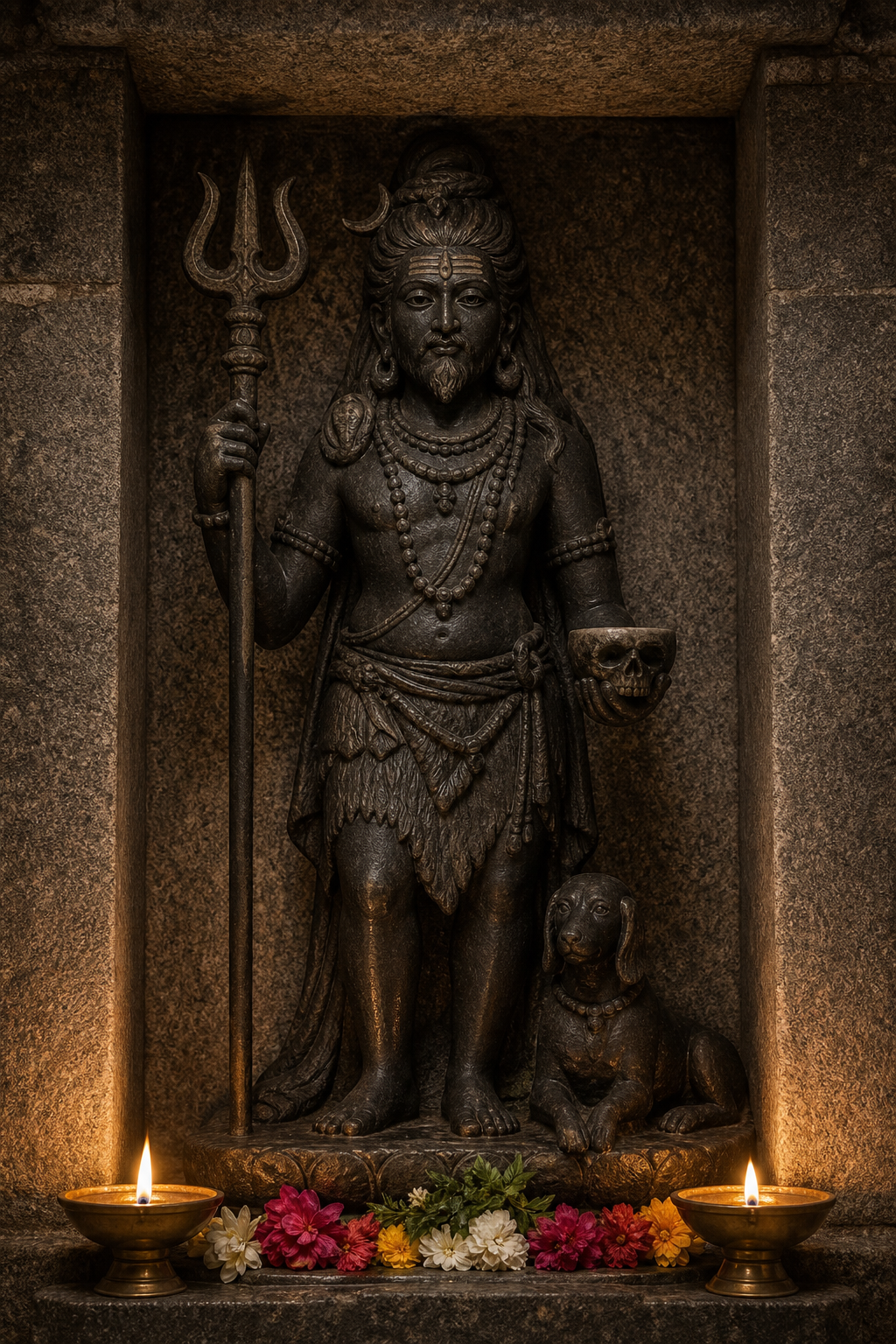 A dark stone guardian form of Shiva stands calmly in a lamp-lit niche with matted hair, an upright trident, a skull-bowl, flowers, and a resting dog.
