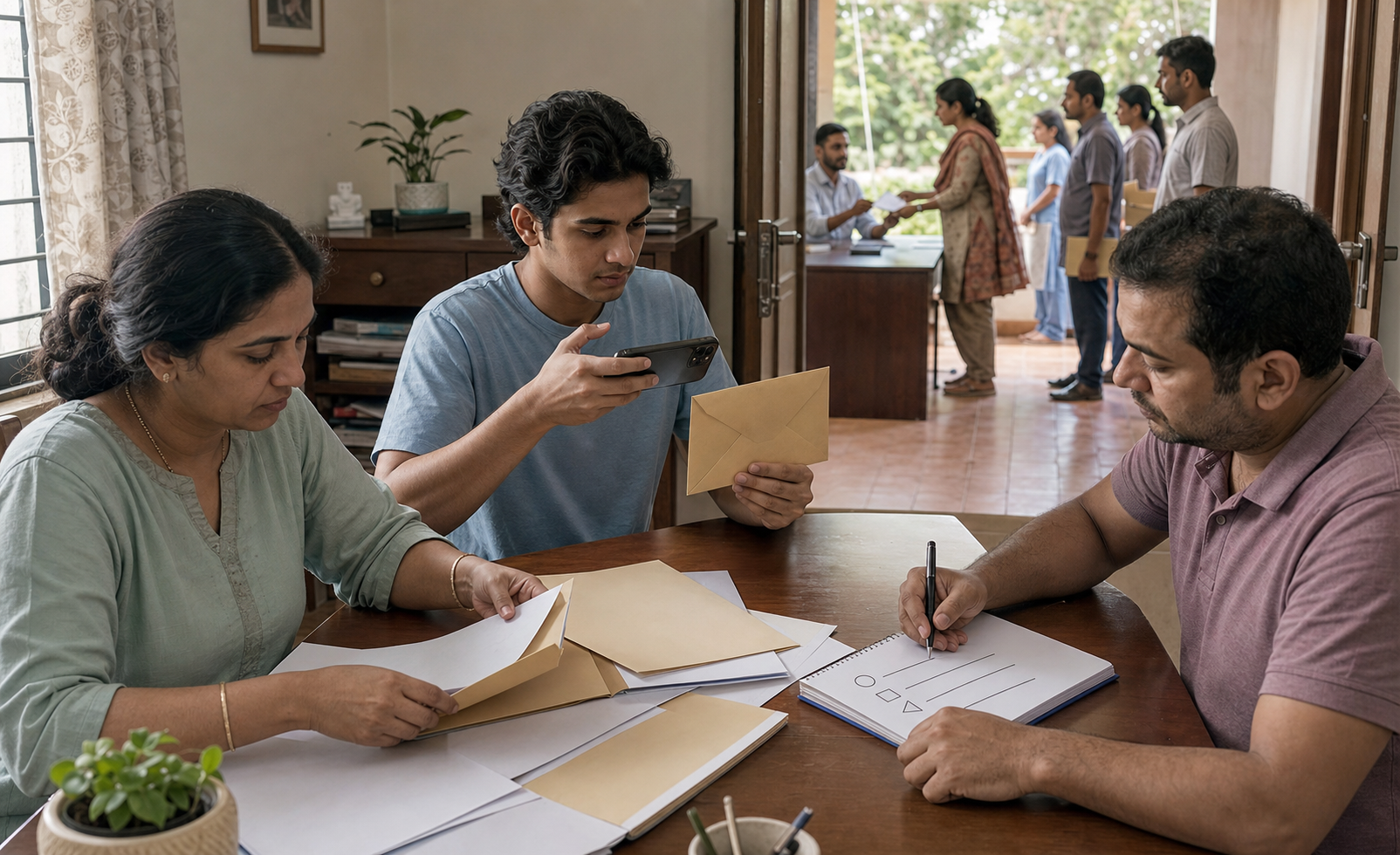 A candidate and family members organize exam materials at home while citizens submit documents at a public help desk in the background.