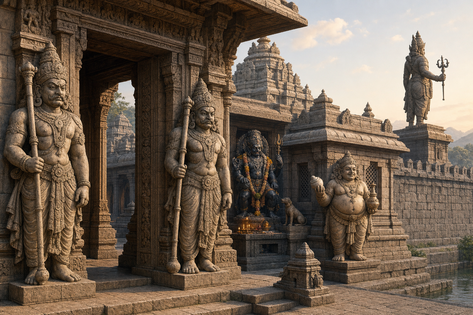 A temple complex contains a gateway guardian, a fierce precinct protector with a dog, a round-bellied auspicious attendant, and an outward-facing directional guardian in different locations.
