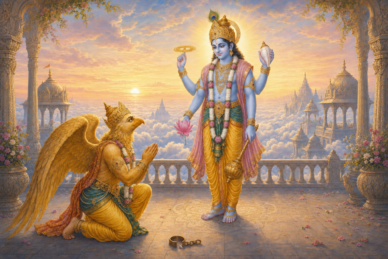 Garuda kneels before four-armed Vishnu on a celestial terrace, with a broken bond beside him symbolizing freedom and devoted service.