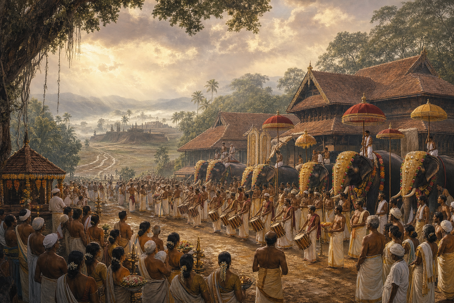 Temple communities gather with elephants, musicians, lamps, and parasols while faint abandoned military earthworks recede into the distant landscape.