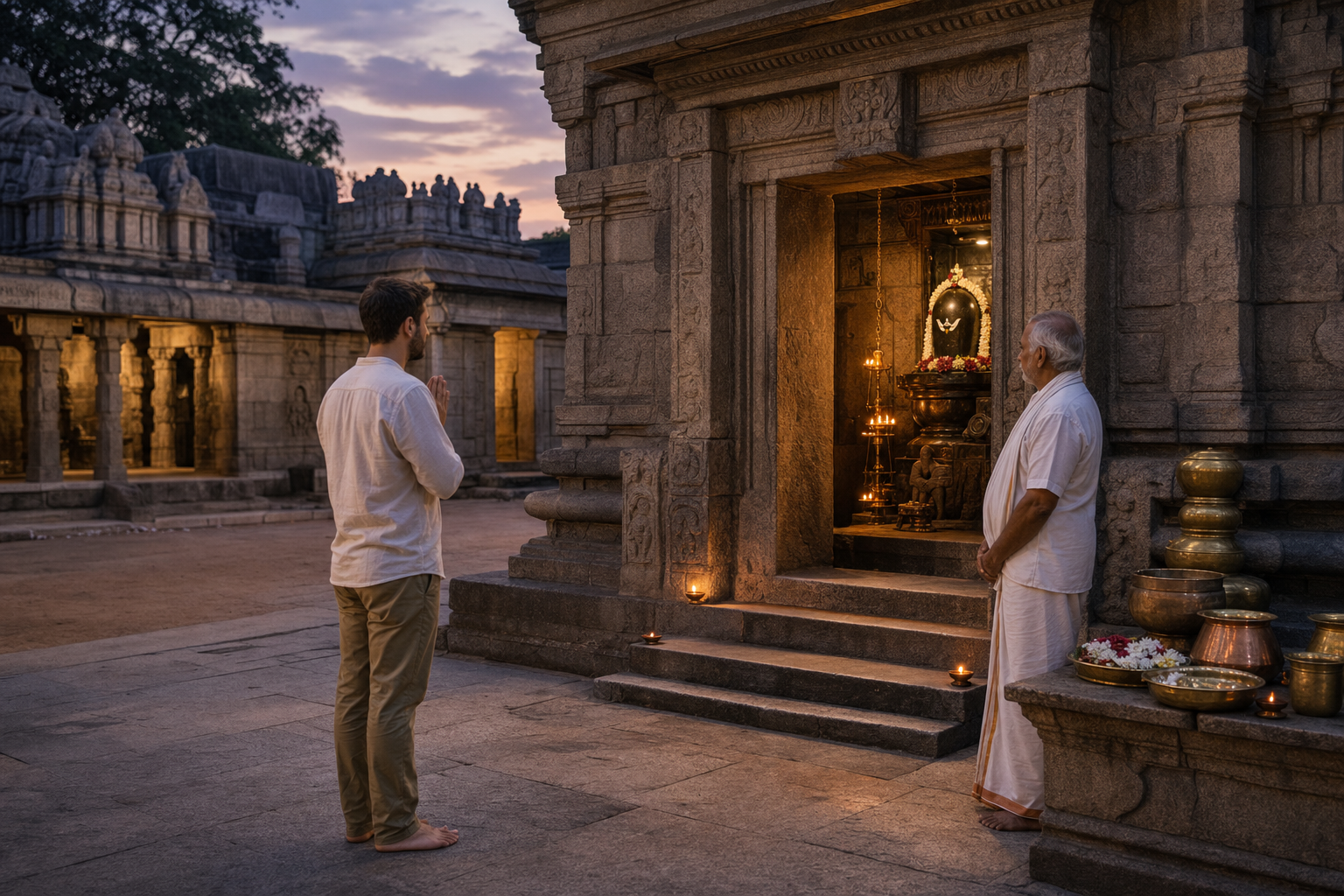 A barefoot visitor pauses with joined hands before a lamp-lit guardian shrine while a temple attendant and other worshippers remain nearby in the outer corridor.