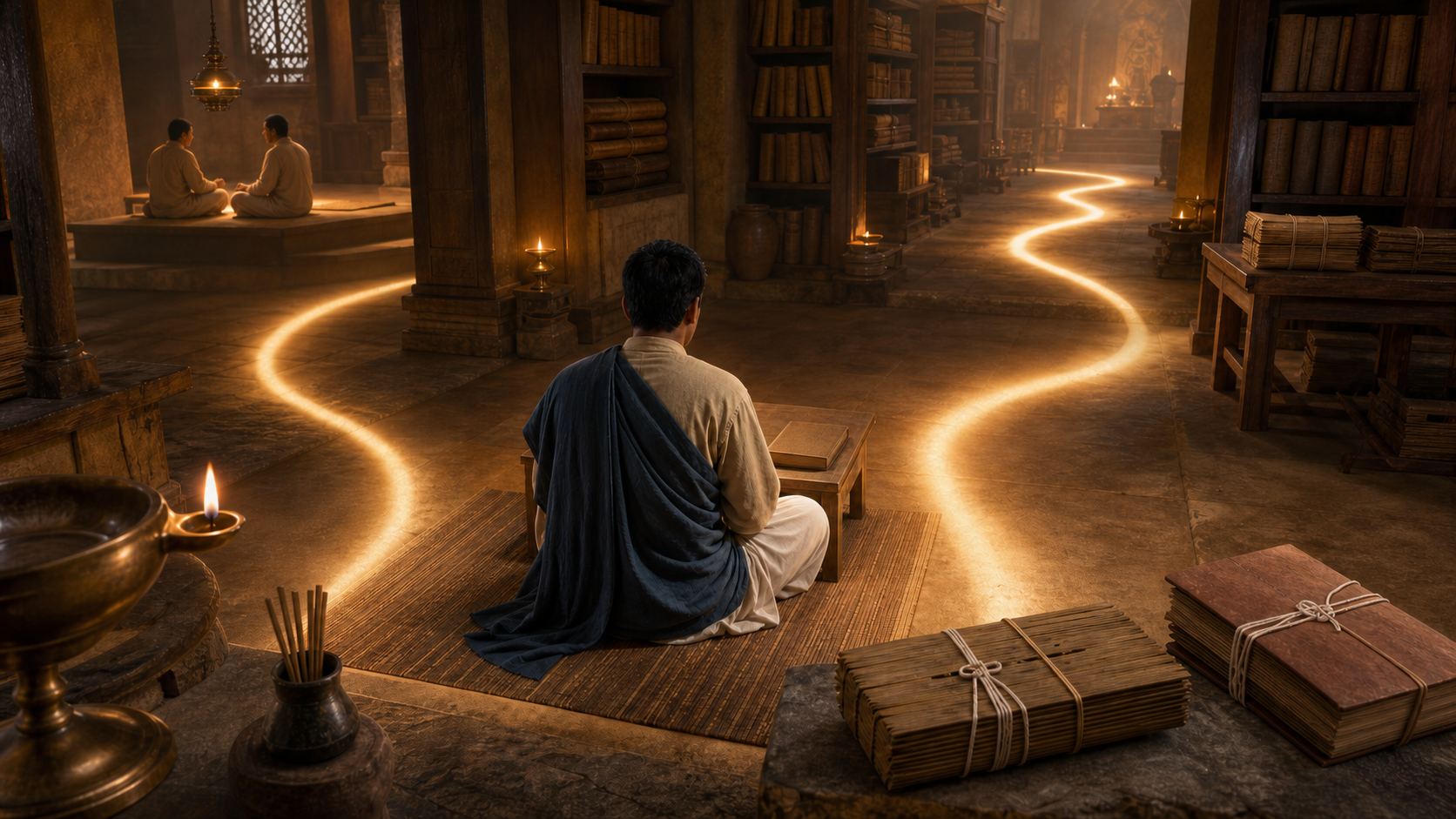A learner sits in a manuscript library as a branching path of light connects a recitation space, a tied palm-leaf bundle, a closed codex, and distant shelves.