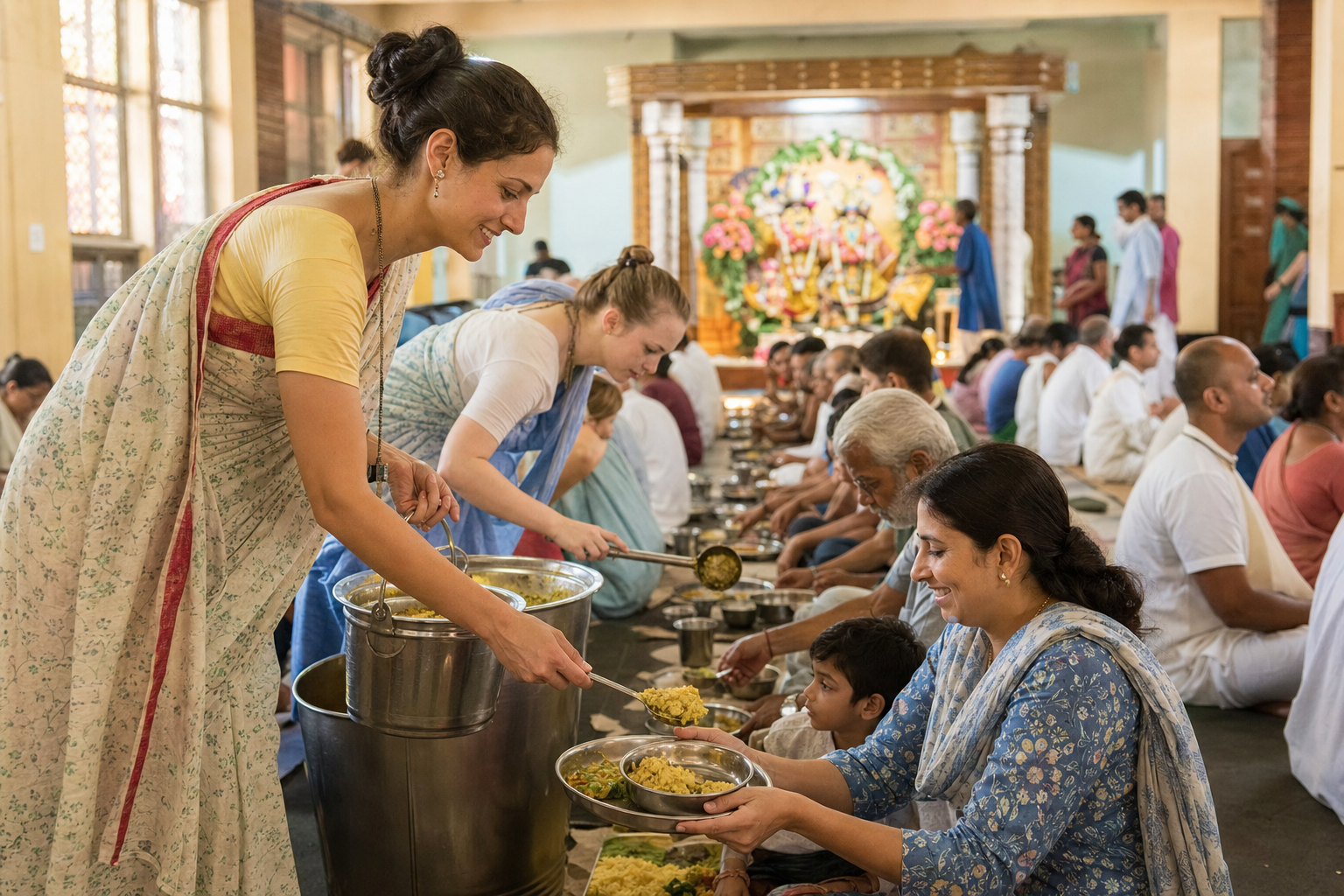 Volunteers serve a vegetarian prasadam meal to children, adults, and elders seated together in a bright temple dining hall.
