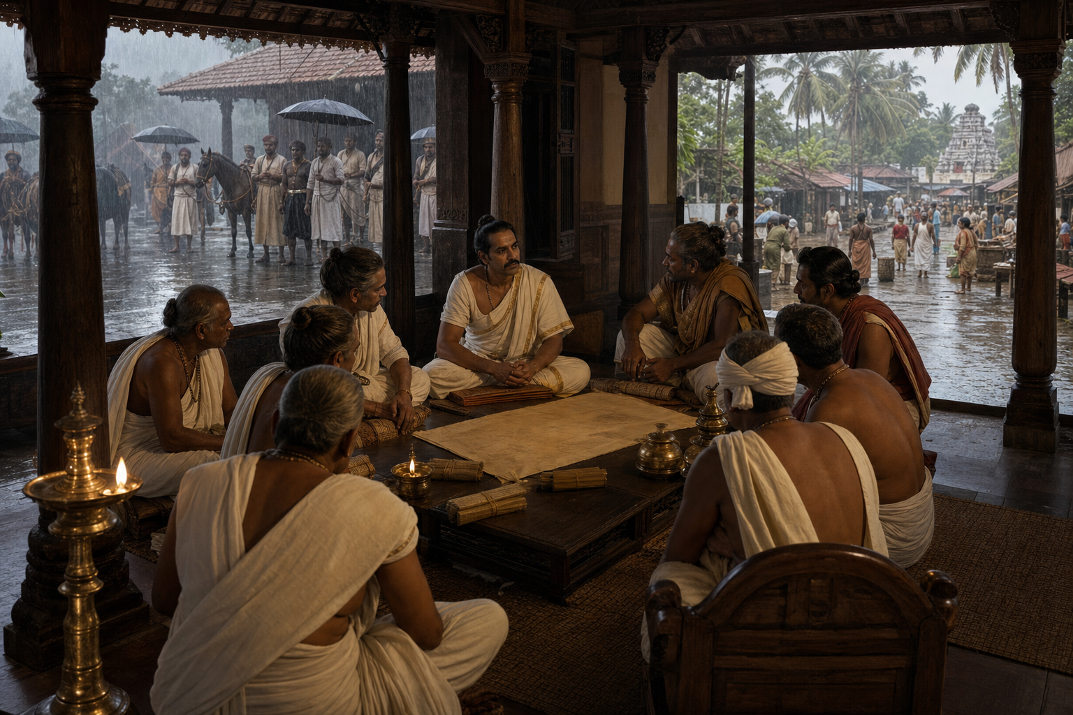 Shaktan Thampuran meets ministers, temple representatives, merchants, and elders in a timber audience hall while envoys wait outside.