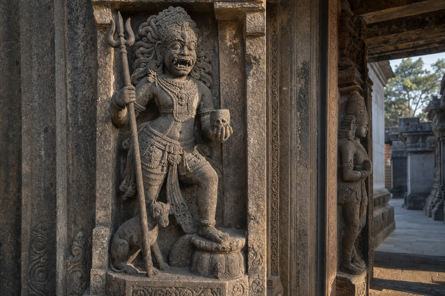 A fierce stone guardian with fangs, a weapon, a skull-shaped cup, and a dog stands in a carved niche facing toward a temple precinct.