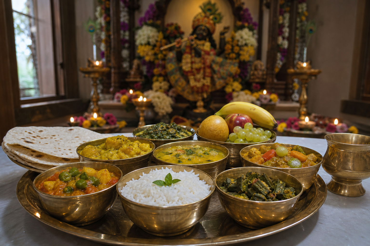 Bowls of rice, dal, vegetables, flatbread, fruit, and sweets are arranged on metal trays before a flower-decorated Krishna altar.