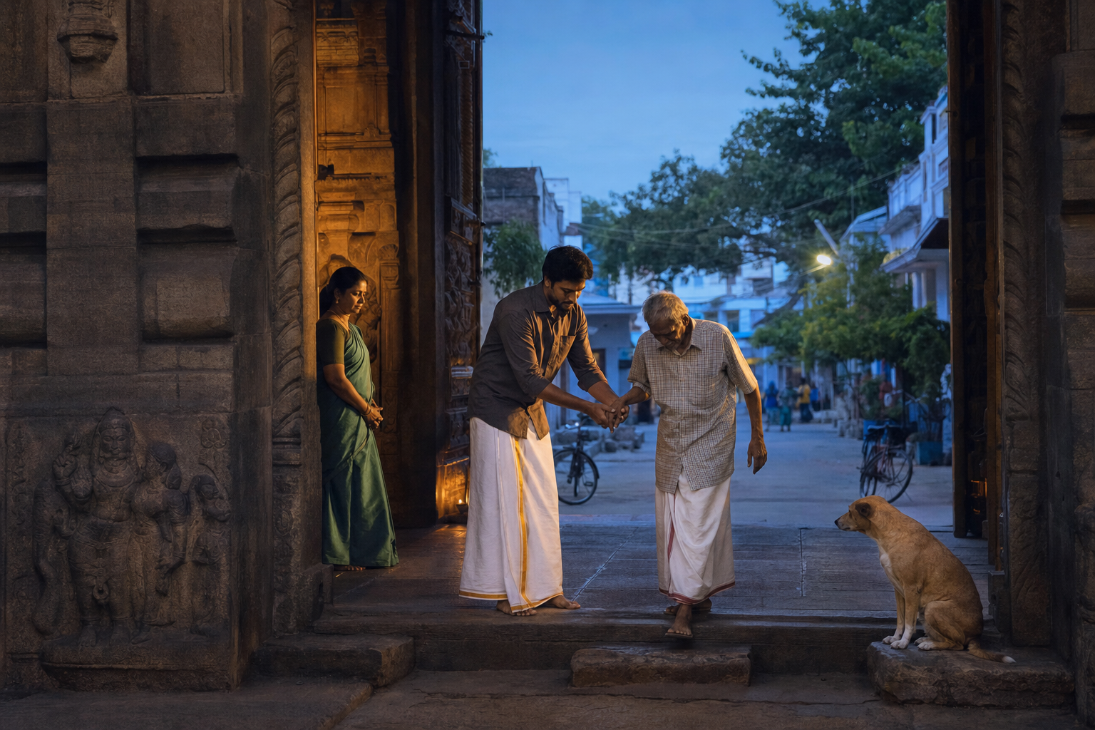 A devotee leaving a lamp-lit Tamil temple gateway helps an older pedestrian at the curb as other people share the passage and a dog sits nearby at dusk.