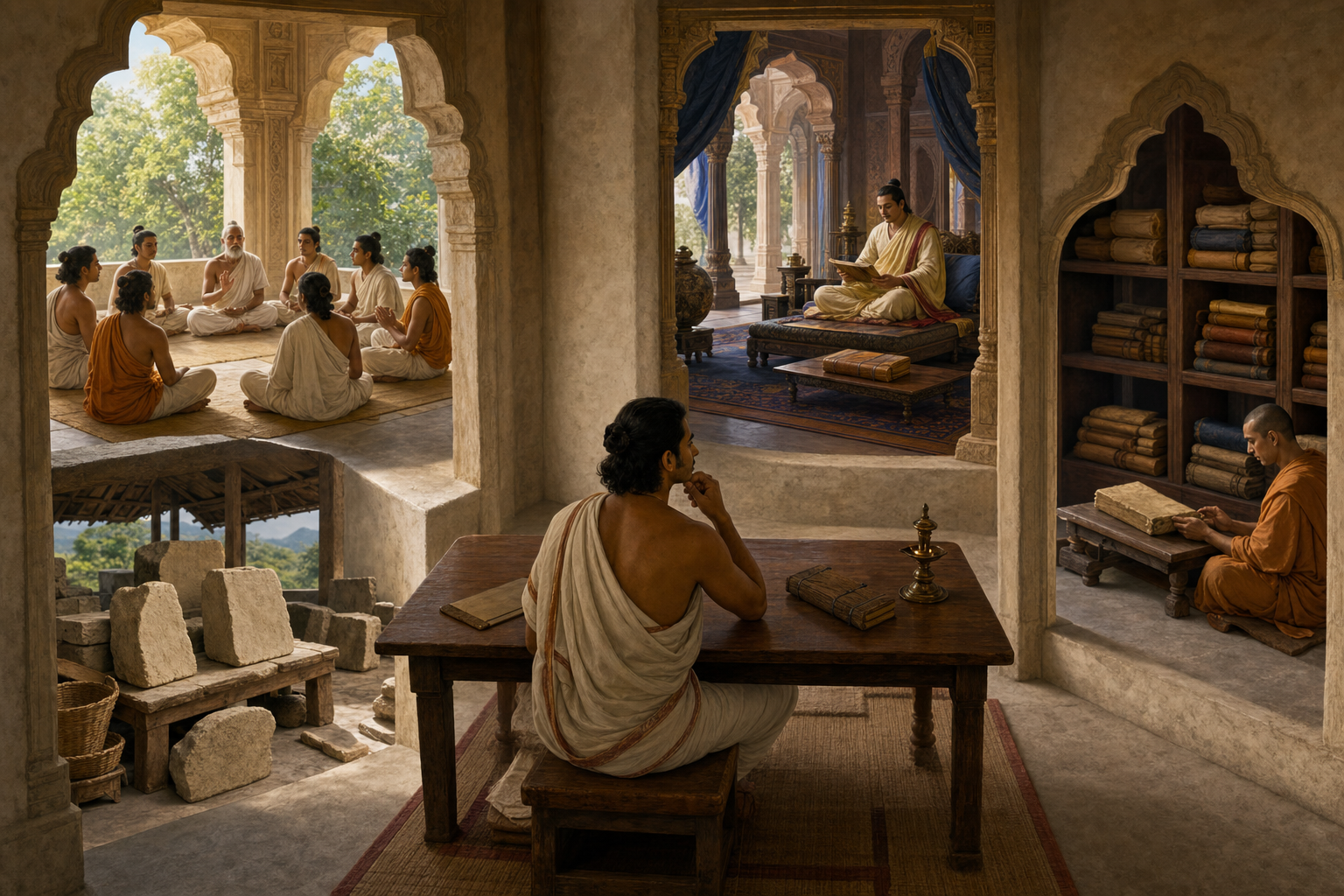 A learner at a central table faces four study settings: an oral recitation circle, a courtly reading room, a monastic library, and an archaeological workspace.