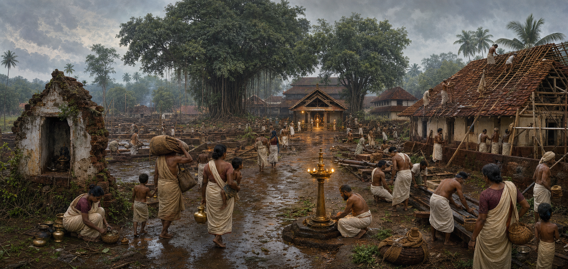 Families, priests, and craftspeople move through a rain-wet Thrissur landscape where damaged shrines and roofs are being repaired around surviving sacred landmarks.