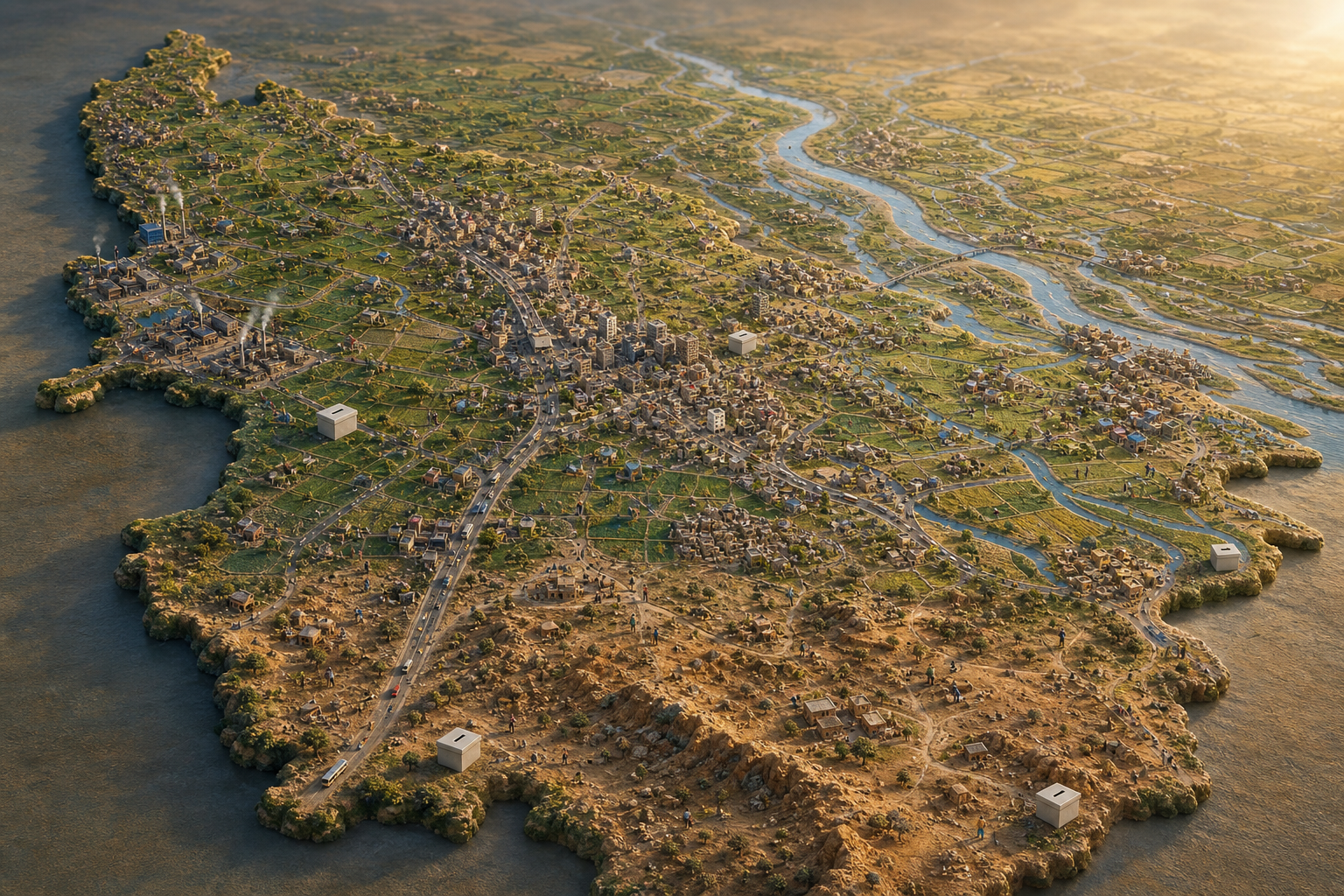 An oblique illustrated landscape of Uttar Pradesh showing varied farms, cities, rivers, industrial areas and dry southern terrain.