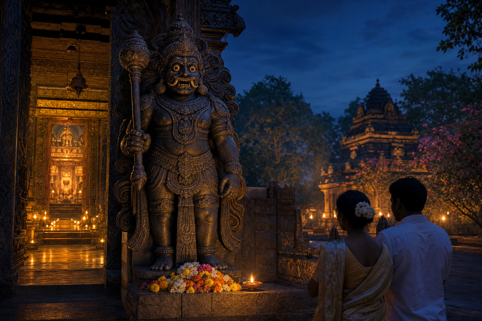 Devotees respectfully approach a fierce temple guardian adorned with flowers and an oil lamp as it faces outward from the inner courtyard.