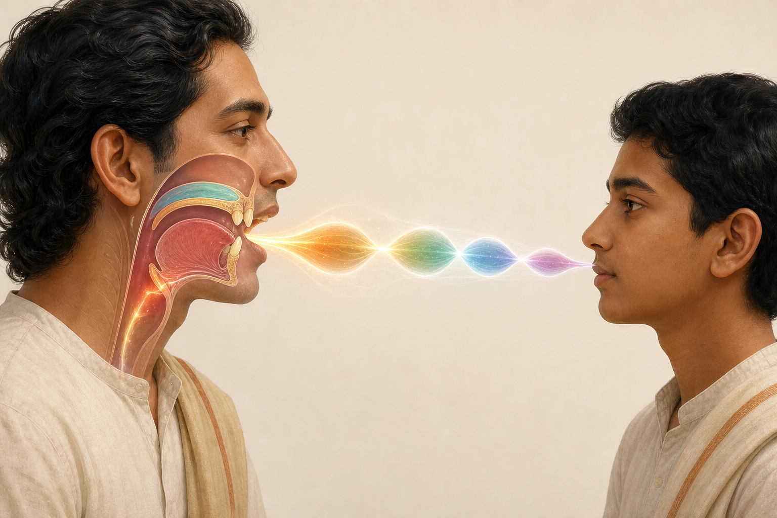 Two people practise pronunciation in profile while highlighted areas of the vocal tract and merging breath pulses show articulation and sound change.