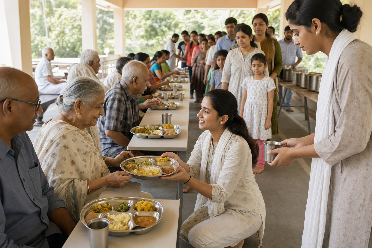 A volunteer serves prasadam at eye level to an elder while other guests receive equal meals at an orderly community gathering.