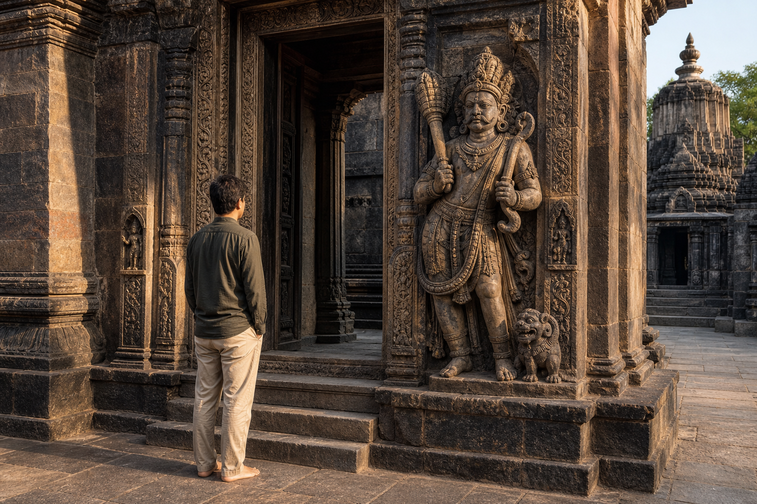 A visitor observes a carved entrance guardian from a respectful distance, taking in its attributes, posture, companion figure, and orientation at the doorway.