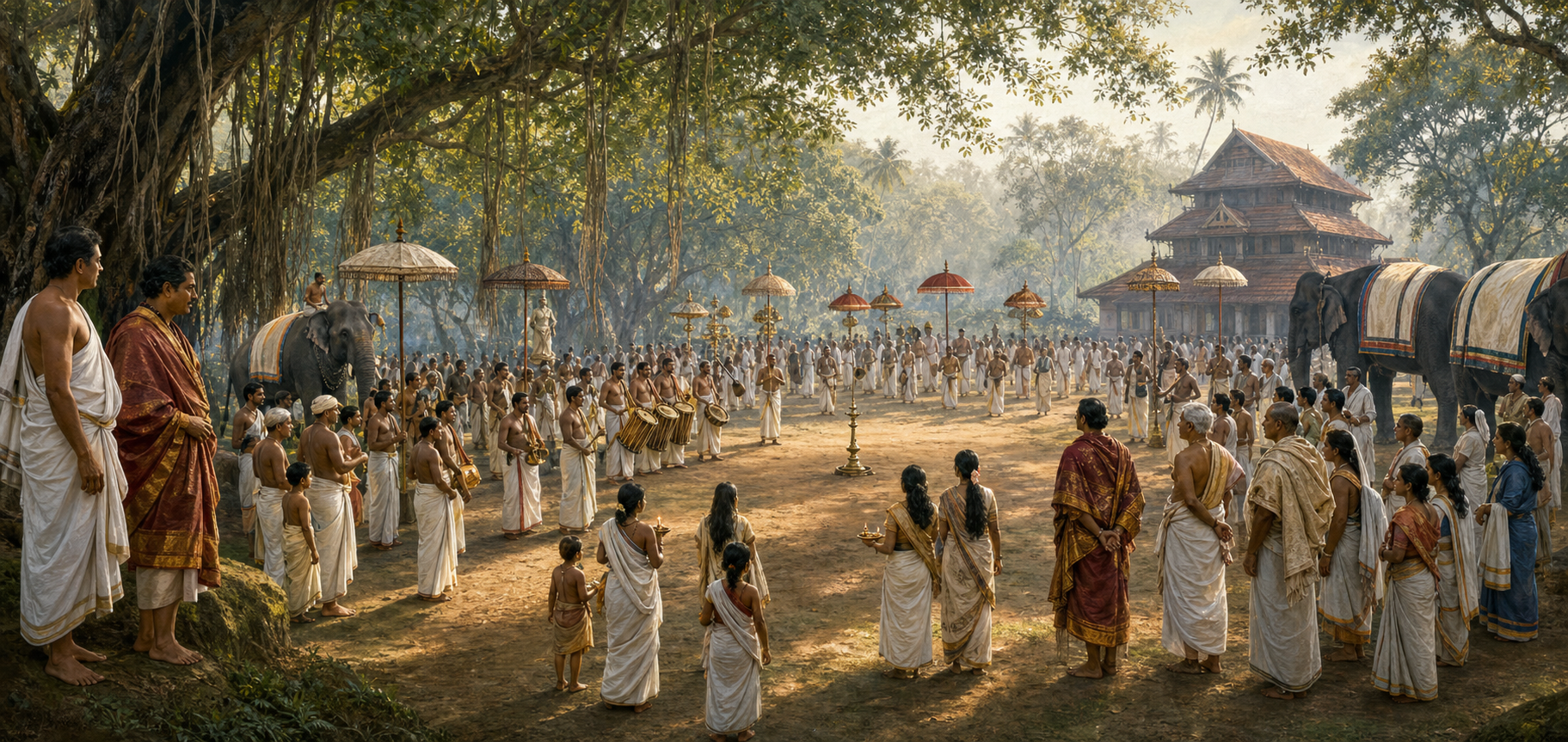 Temple delegations with elephants, musicians, lamps, and parasols converge in an organized public gathering near the Vadakkunnathan temple grove as Shaktan Thampuran observes.