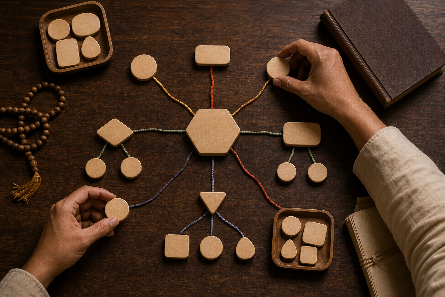 Hands arrange blank wooden tokens connected by colored cords around a central token, with smaller groups nested to represent compounds and modifiers.