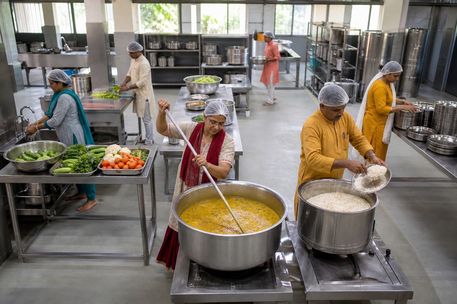 Volunteers wash vegetables, cook dal and rice, and organize reusable plates at separate stations in a clean community kitchen.