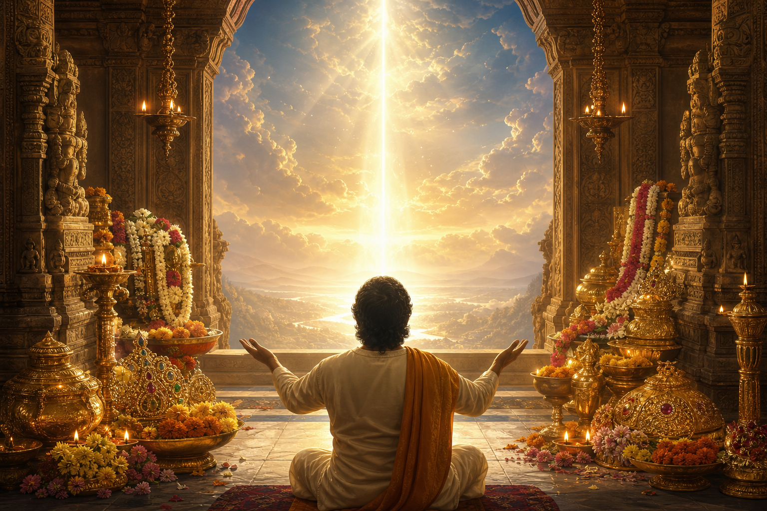 A devotee stands with open hands before a lamp-lit temple sanctum filled with flowers, gold-toned offerings and jewel-like ornaments as a column of light rises into an open sky.