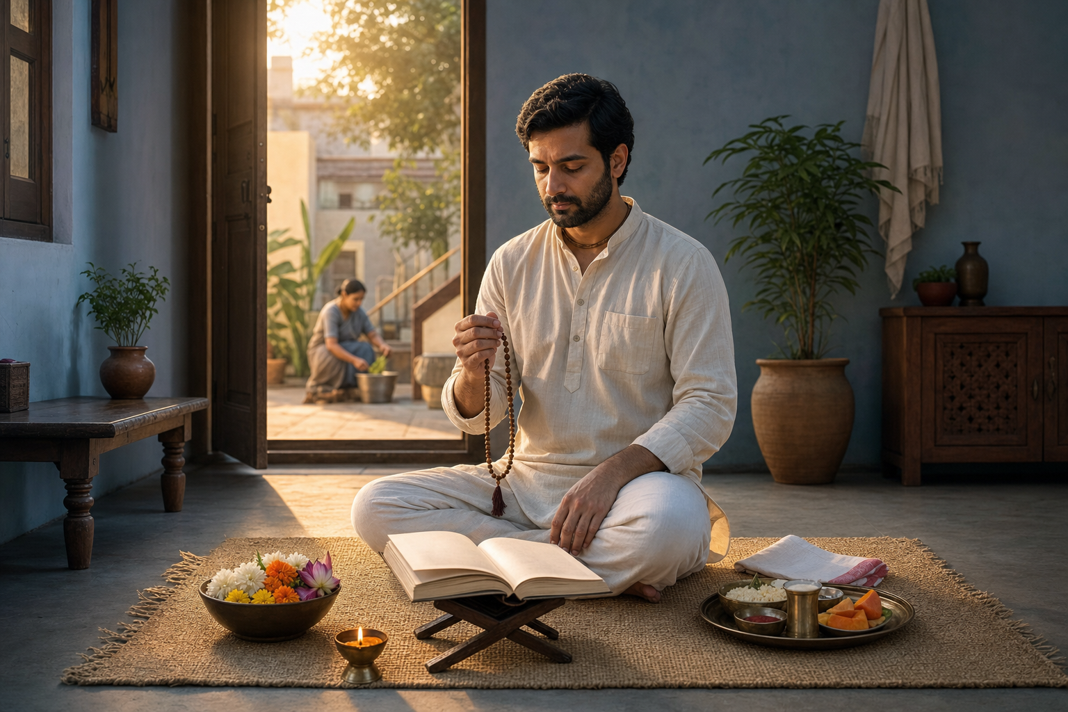 A practitioner sits with prayer beads at dawn beside an oil lamp, an open book, flowers, and a serving tray in a quiet home.