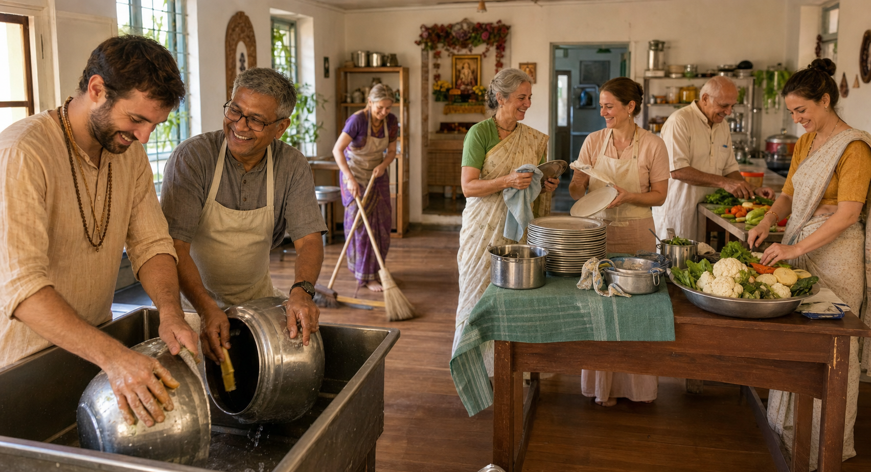 A multigenerational volunteer team washes pots, dries plates, cleans the dining area, and prepares vegetables together after a prasadam meal.