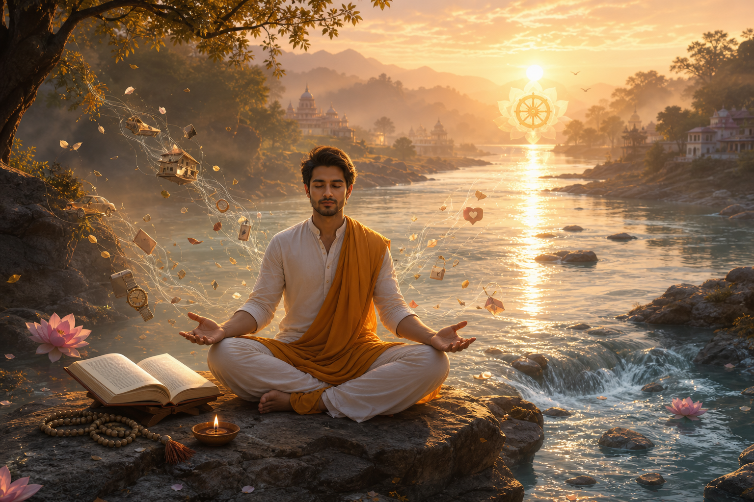Hindu spiritual seeker meditating beside a sunrise river with lotus, dharma wheel, Bhagavad Gita, oil lamp, and symbols of letting go.
