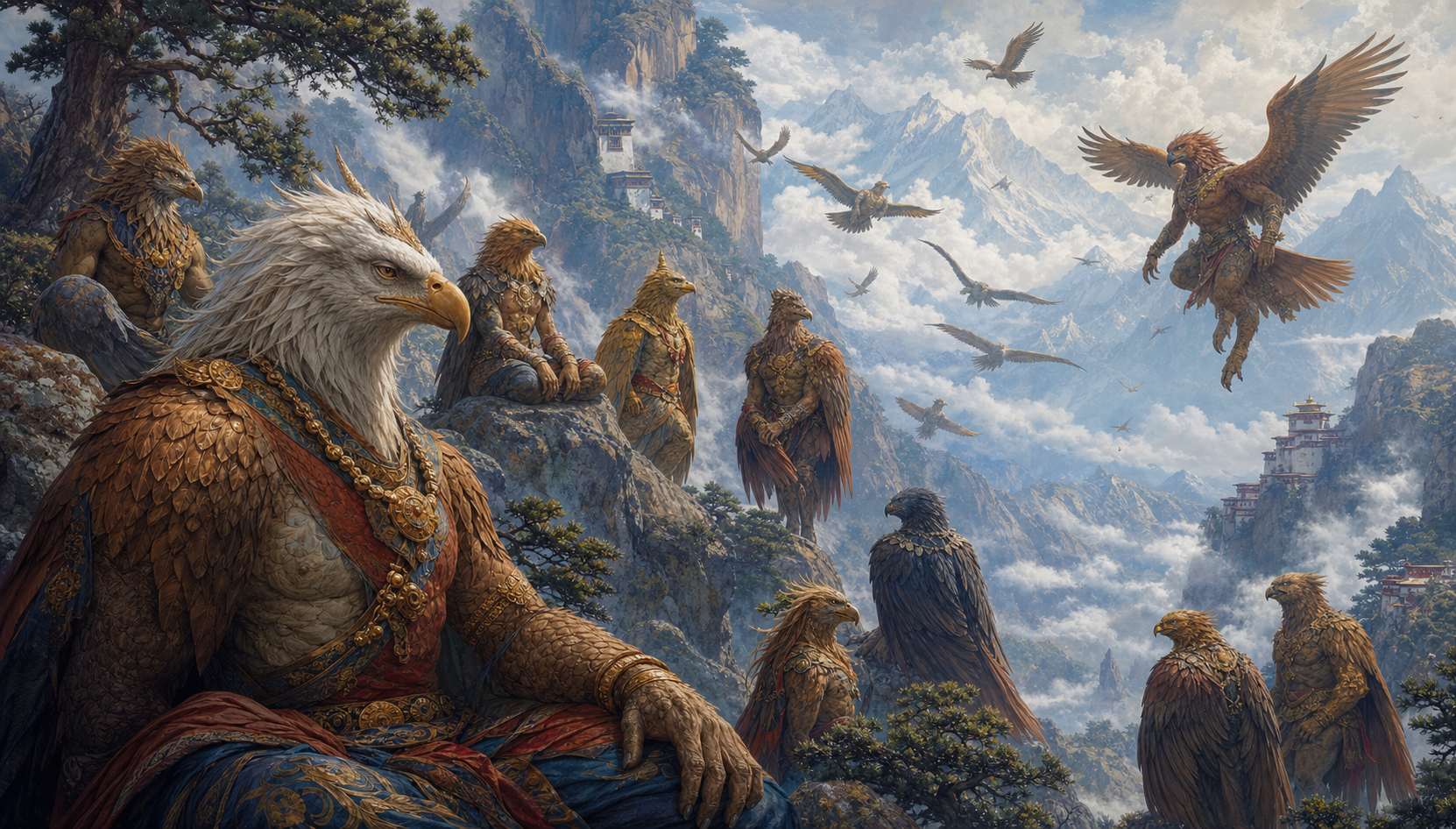 Several large birdlike garudas gather and fly among Himalayan cliffs near distant Buddhist monastery roofs.