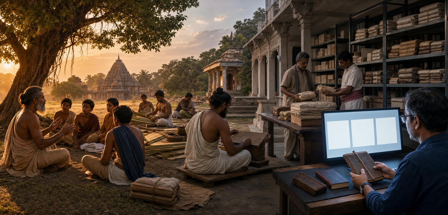 A panorama moves from outdoor oral teaching to palm-leaf preparation, manuscript storage, and a modern researcher studying preserved materials and digital images.