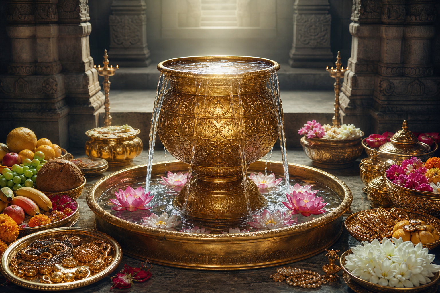 An overflowing golden ceremonial vessel stands among lotus flowers, fruit and offerings in a softly lit stone shrine.