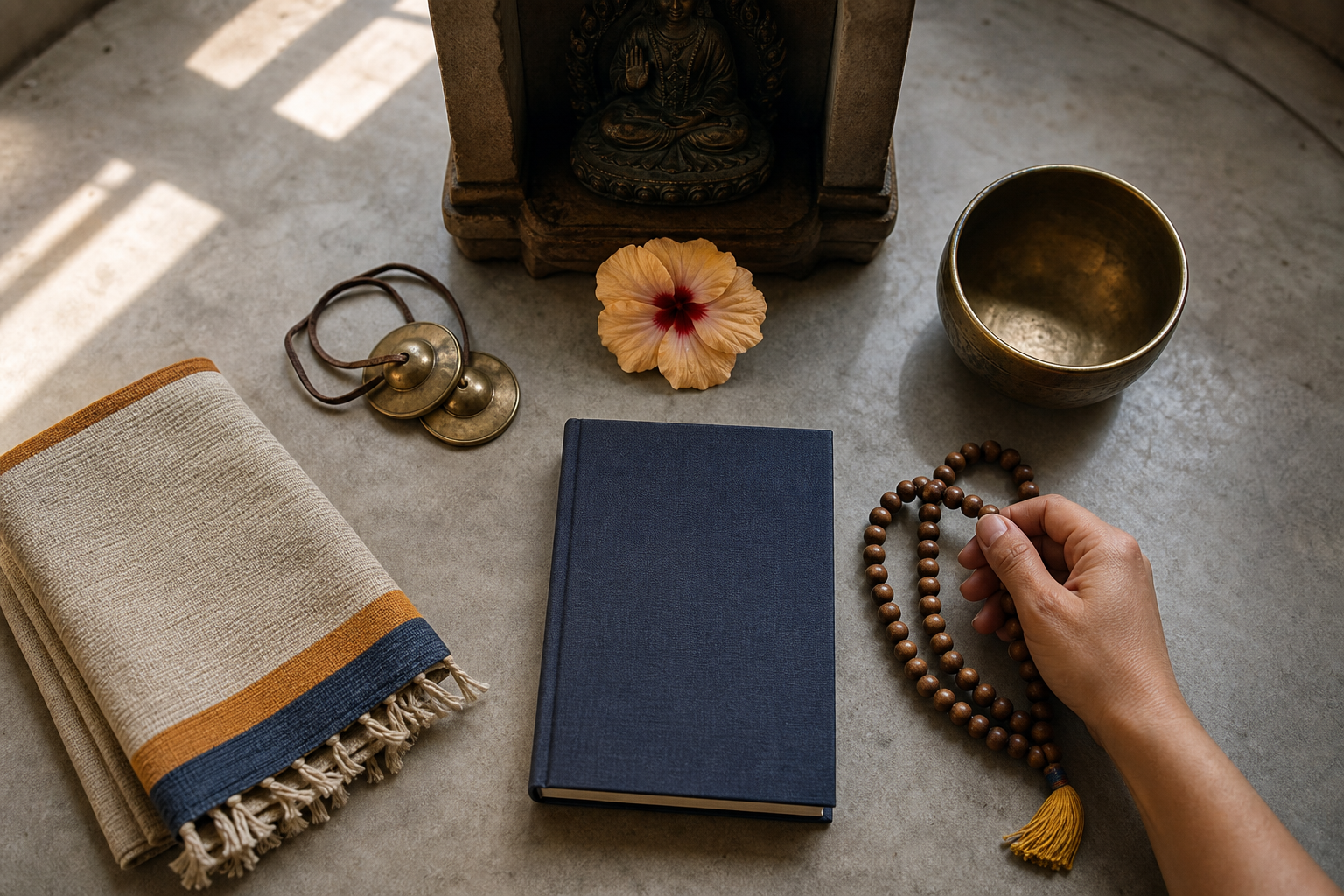 Prayer beads, a meditation cloth, hand cymbals, a closed book, a flower, and a serving bowl are arranged for a morning devotional routine.