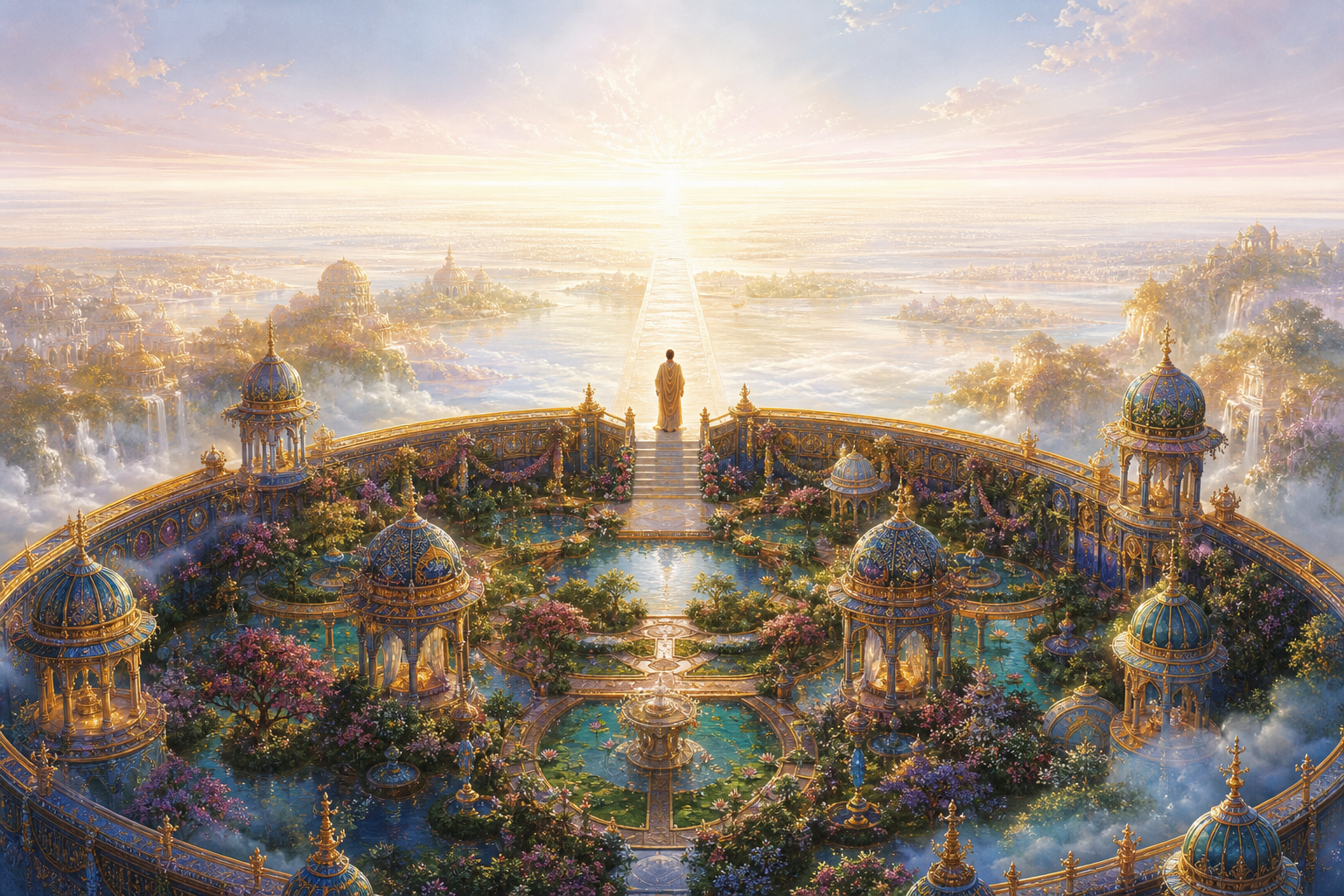A contemplative figure leaves an ornate celestial garden of golden pavilions and flowering pools along a path toward a vast, luminous horizon.