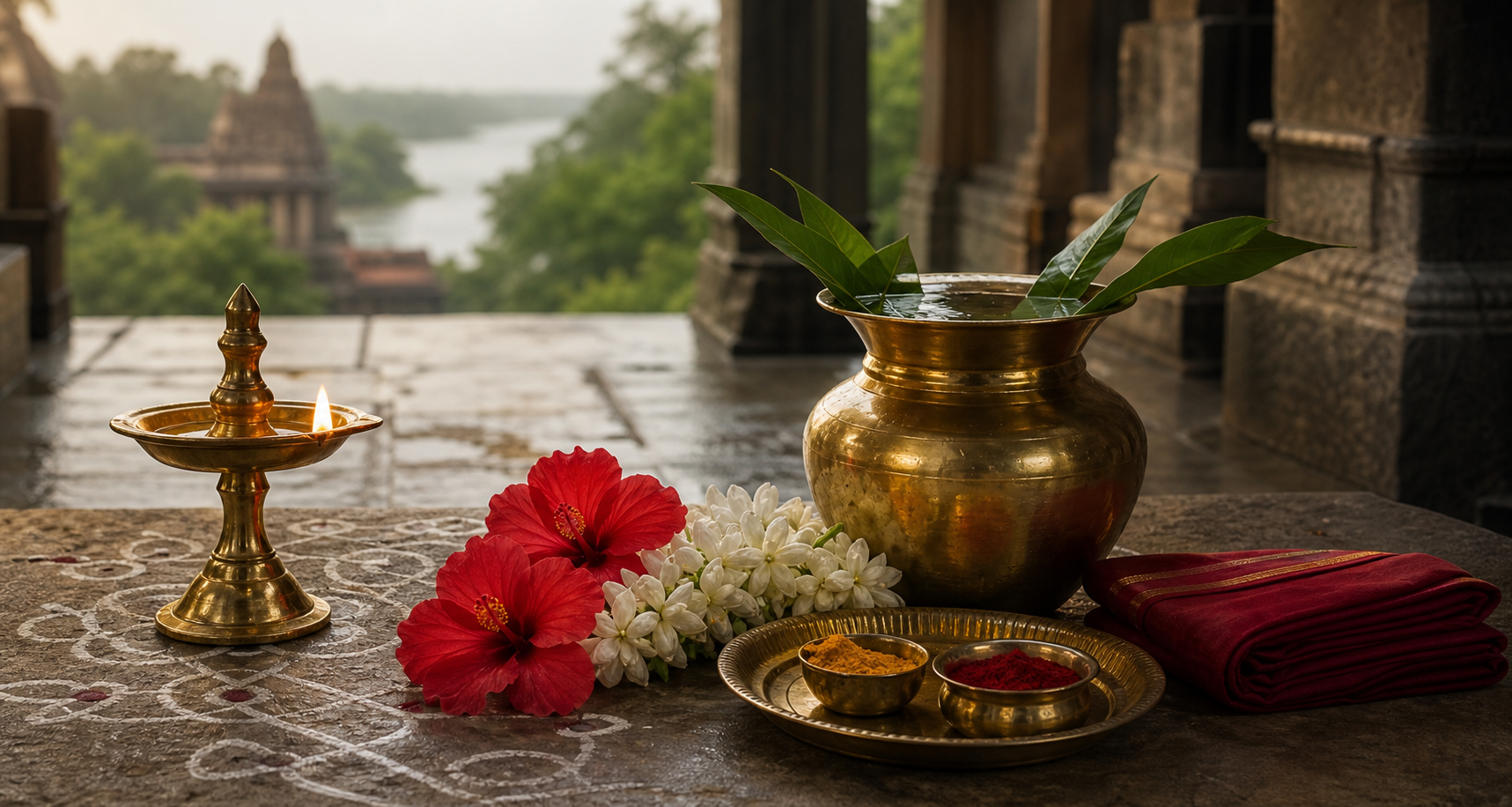 A brass oil lamp, hibiscus and jasmine flowers, a water-filled kalash, and devotional offerings arranged on a kolam-decorated stone threshold.