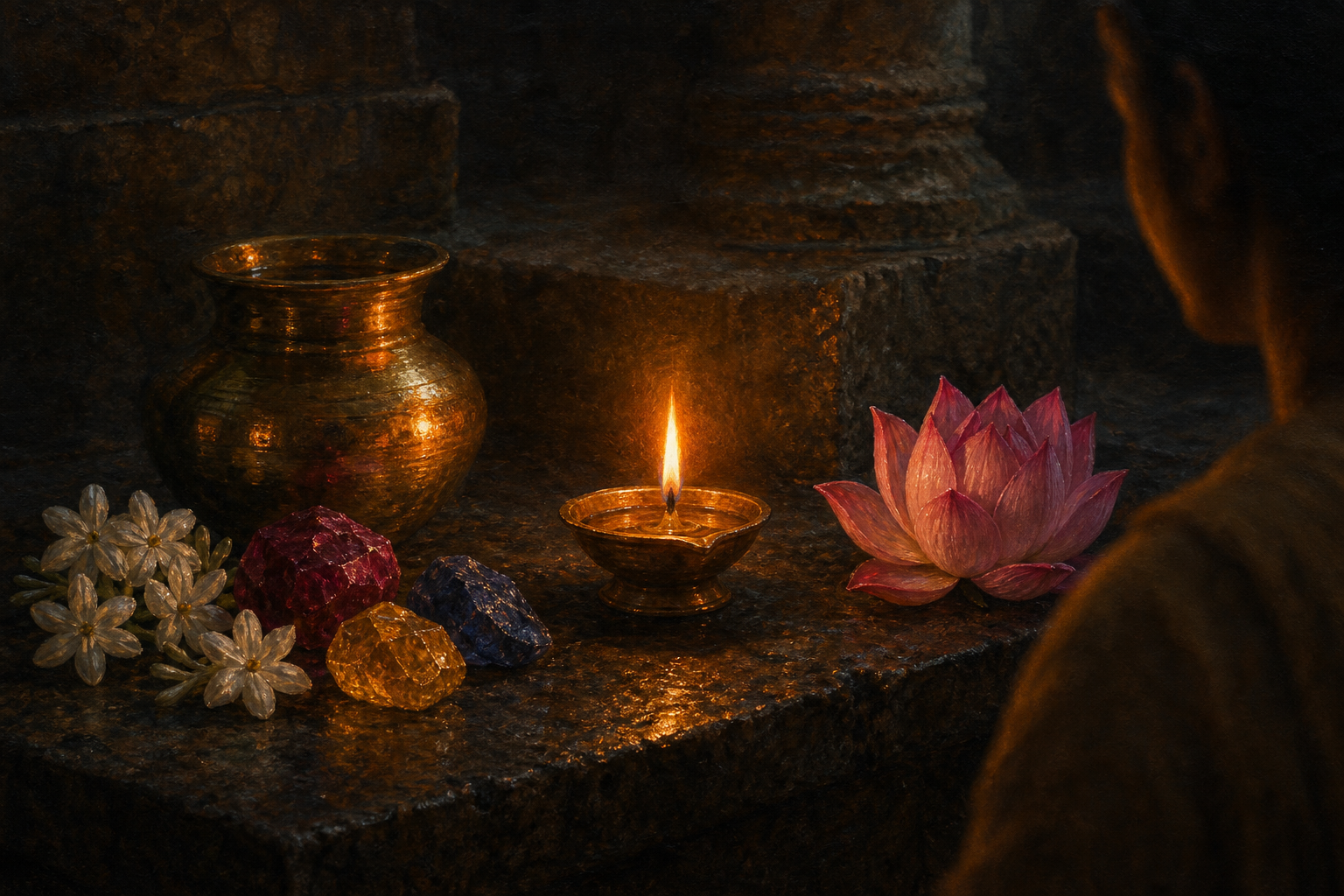 A steady oil-lamp flame illuminates a gold vessel, colorful stones and white flowers while a seated devotee watches from the shadows.