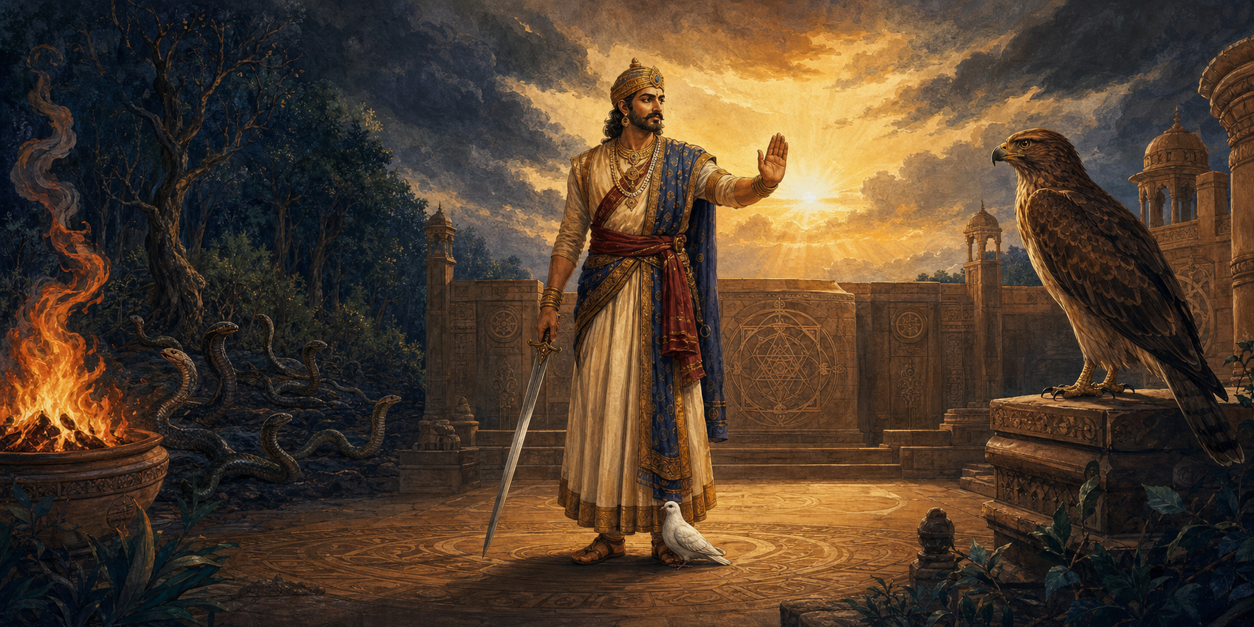 An ancient Indian ruler lowers his sword and raises a restraining hand between a sheltered dove, a waiting hawk, a ceremonial fire, and retreating serpents.