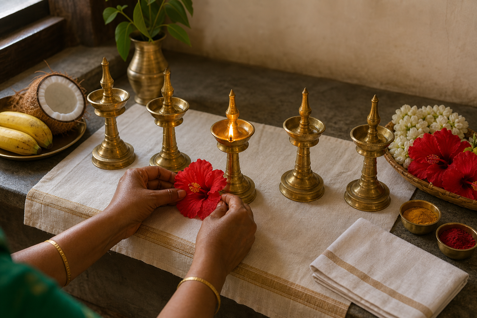 Five brass lamps and simple flower and fruit offerings at a South Indian home shrine, with hands placing a fresh flower beside the lit central lamp.