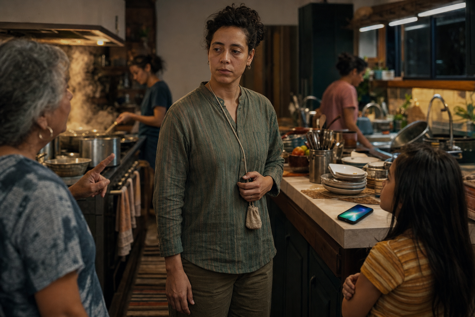 An adult pauses calmly during a tense moment in a busy family kitchen while relatives wait nearby.