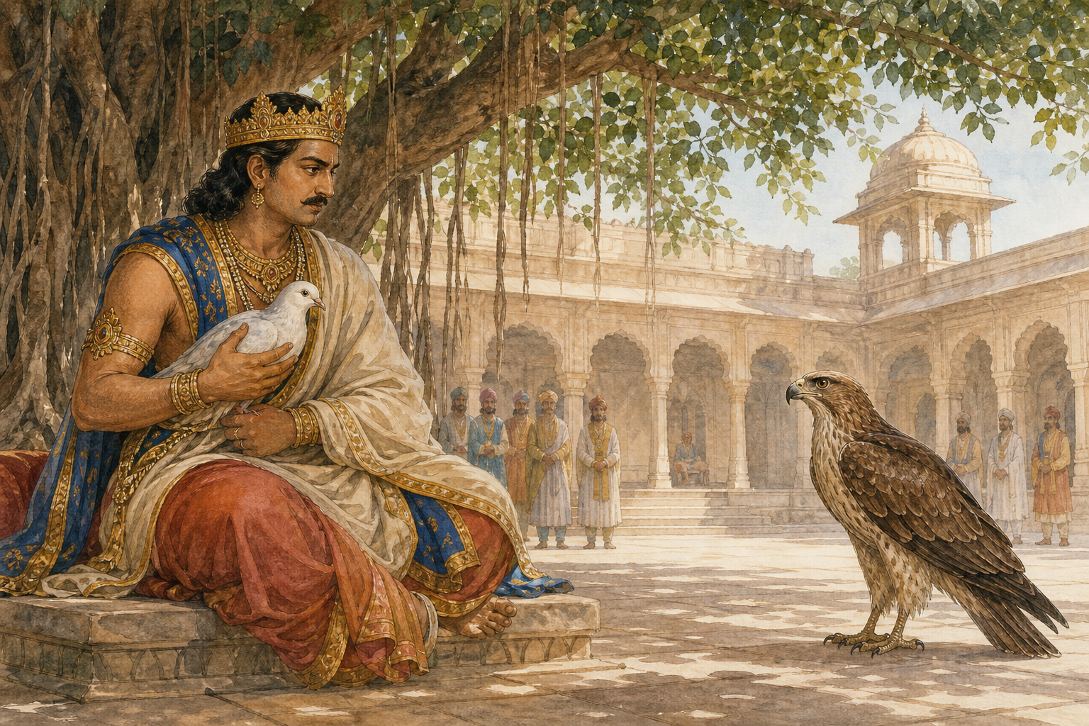 King Shibi shelters a dove beneath a banyan tree while listening attentively to a hawk in a palace courtyard.