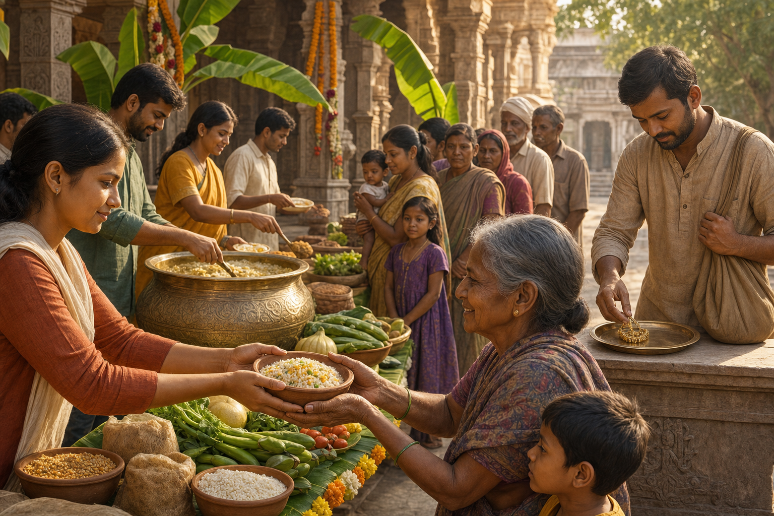 Volunteers distribute grain and food in clay bowls in a temple courtyard while a donor places a gold ornament on an offering tray.